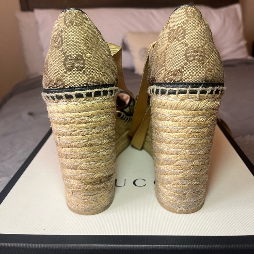 Gucci Pilar GG Ankle Tie Espadrille Platform Wedge - Picture 5 of 8